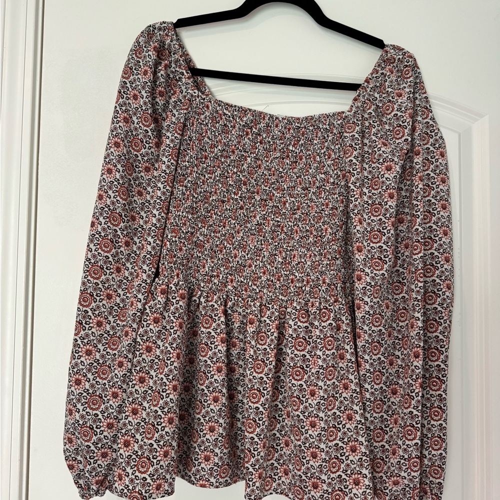Boutique Floral Smocked Peasant Top in Rust